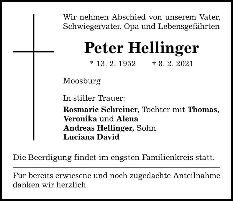 Traueranzeige Peter Hellinger