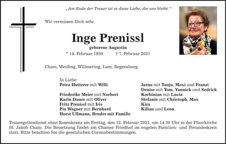 Traueranzeige Inge Prenissl