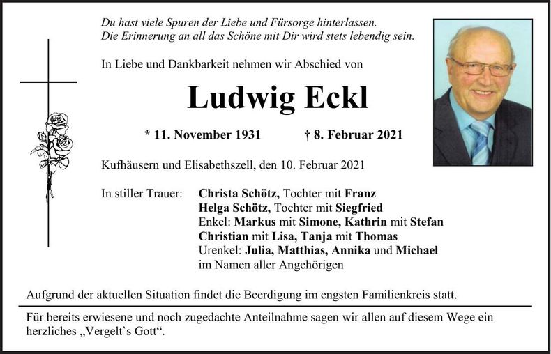 Traueranzeige Ludwig Eckl