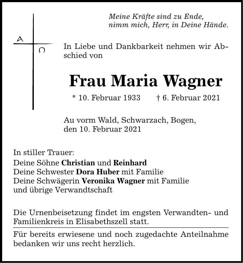 Traueranzeige Maria Wagner
