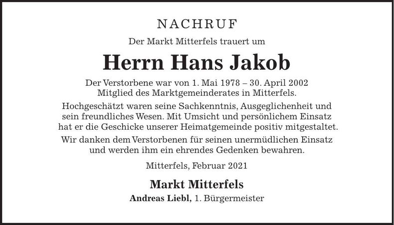 Traueranzeige Hans Jakob