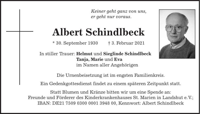 Traueranzeige Albert Schindlbeck