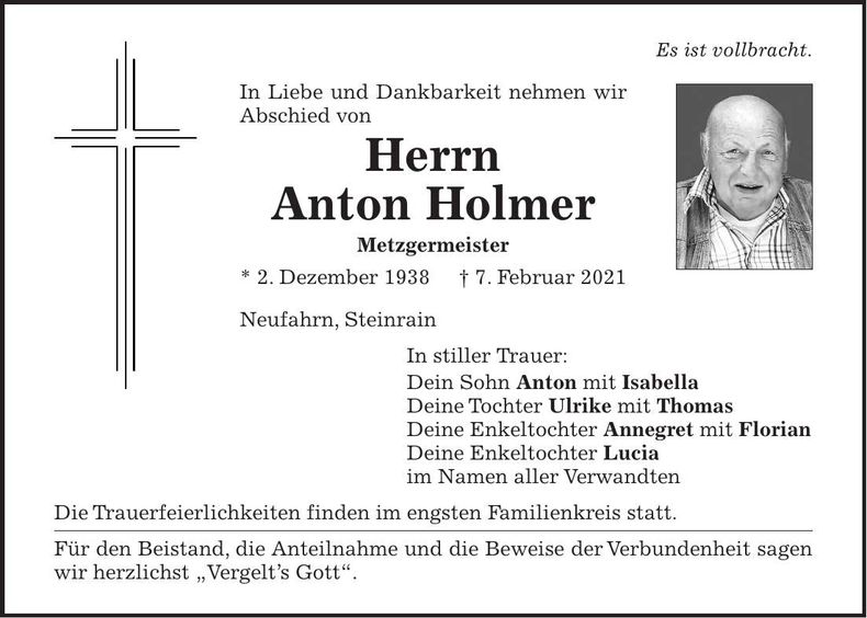 Traueranzeige Anton Holmer