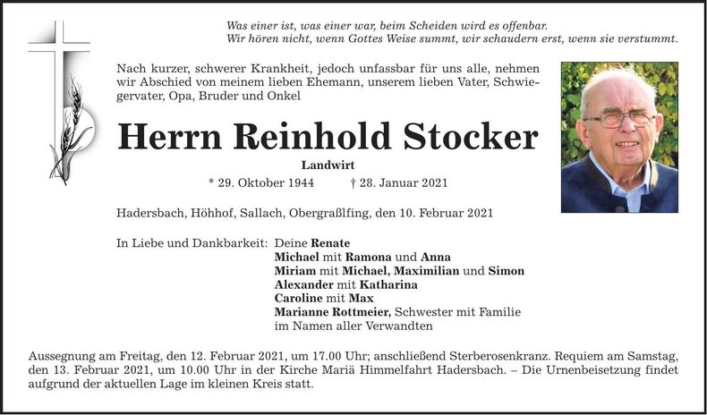 Traueranzeige Reinhold Stocker
