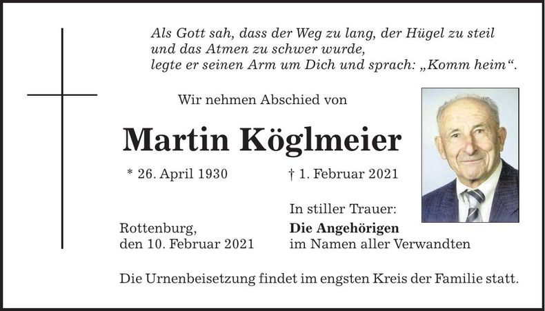 Traueranzeige Martin Köglmeier