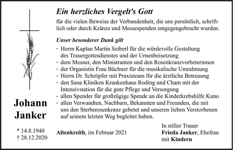 Traueranzeige Johann Janker
