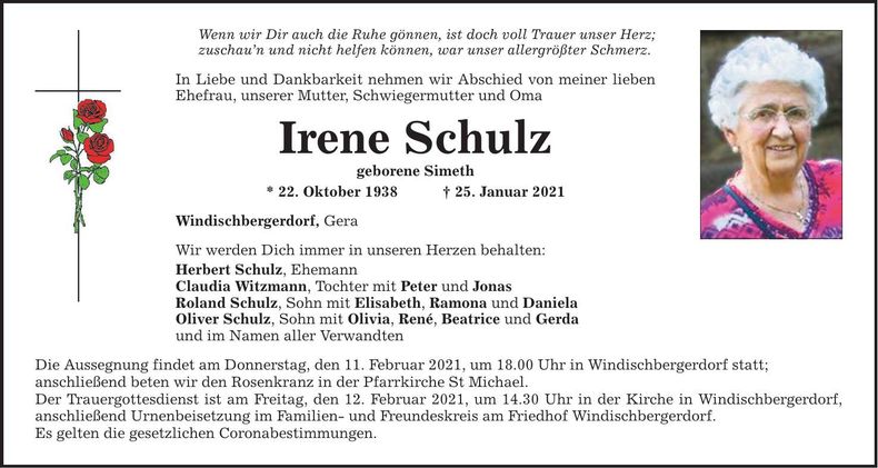 Traueranzeige Irene Schulz