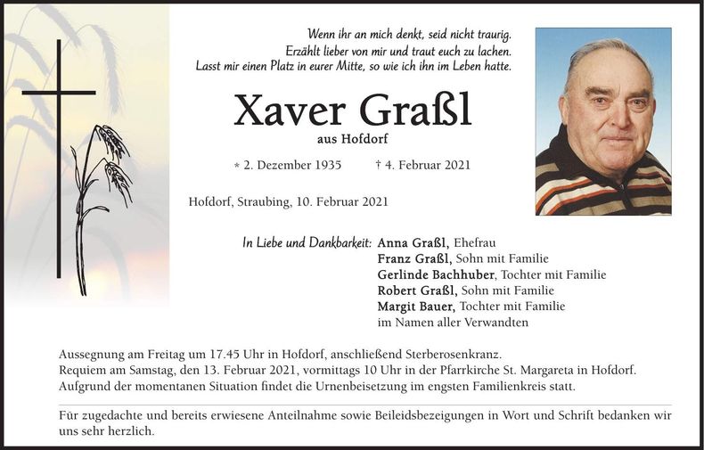Traueranzeige Xaver Graßl