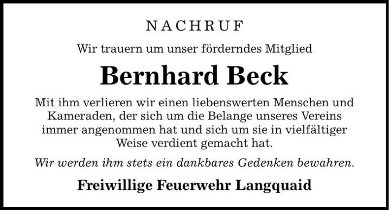 Traueranzeige Bernhard Beck