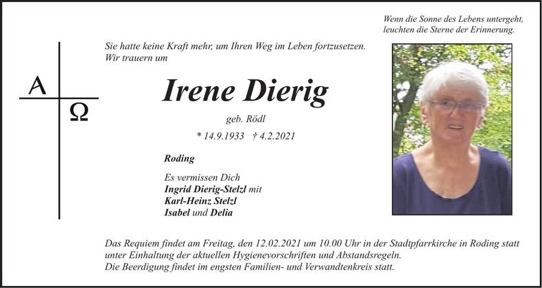 Traueranzeige Irene Dierig