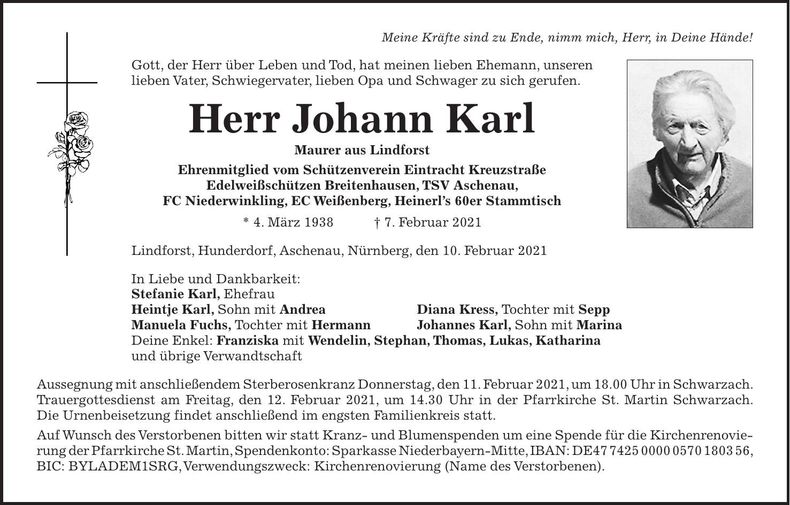 Traueranzeige Johann Karl