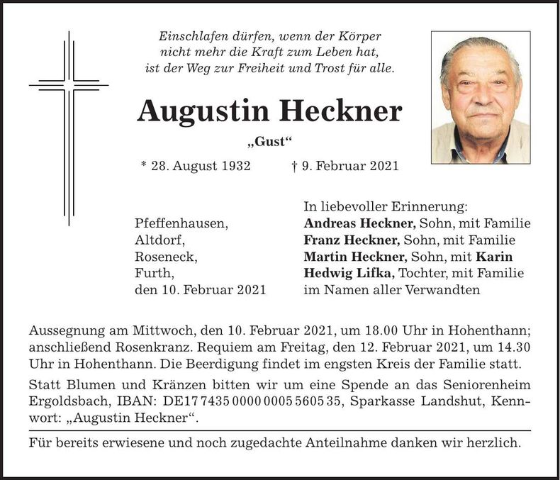 Traueranzeige Augustin Heckner