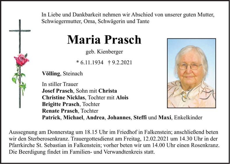 Traueranzeige Maria Prasch