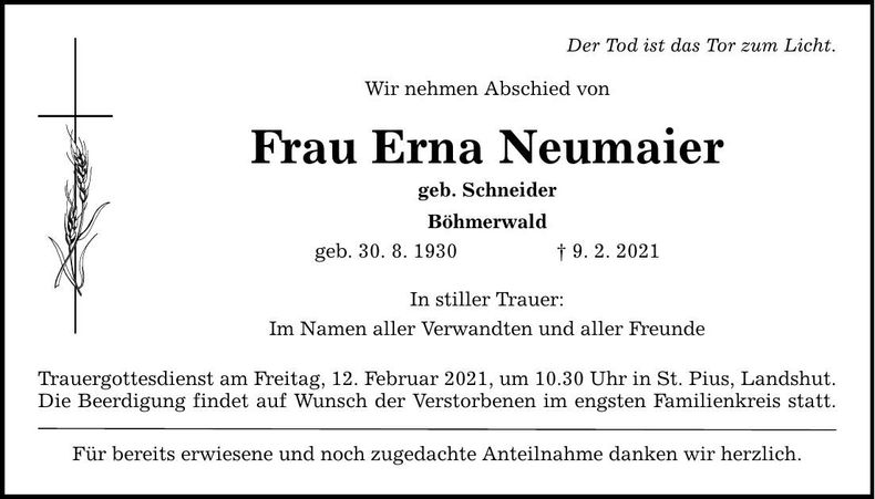 Traueranzeige Erna Neumaier
