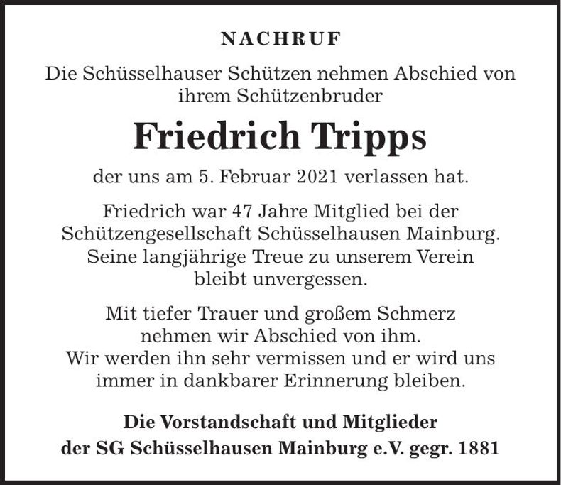 Traueranzeige Friedrich Tripps