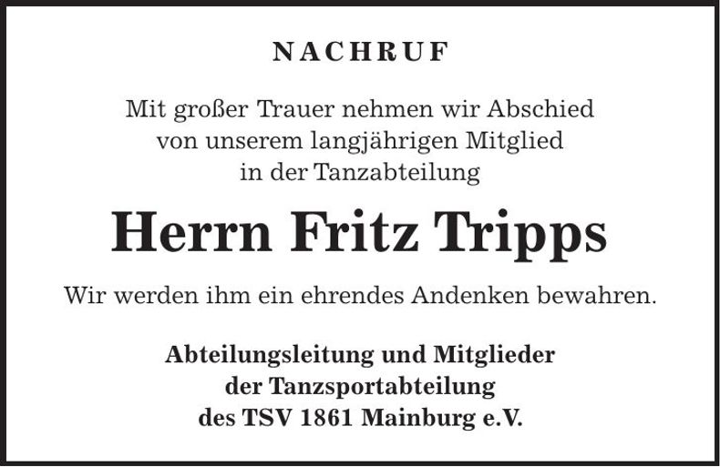 Traueranzeige Fritz Tripps