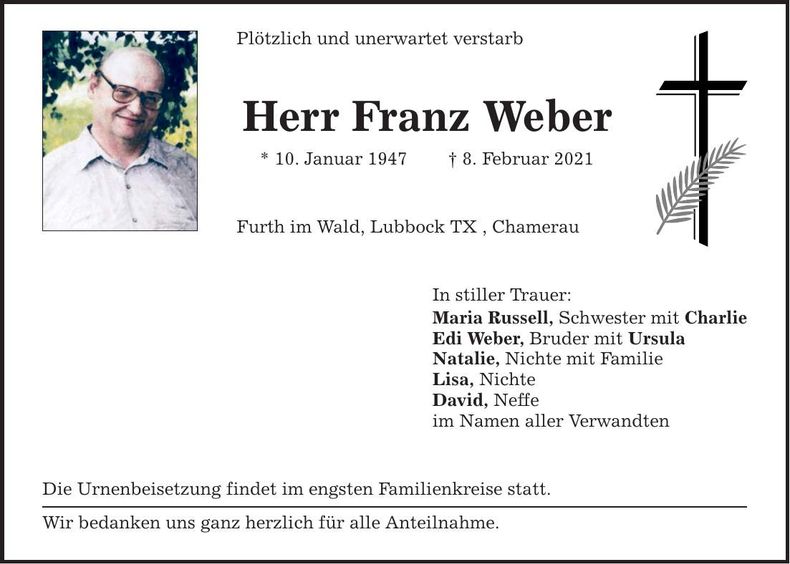 Traueranzeige Franz Weber