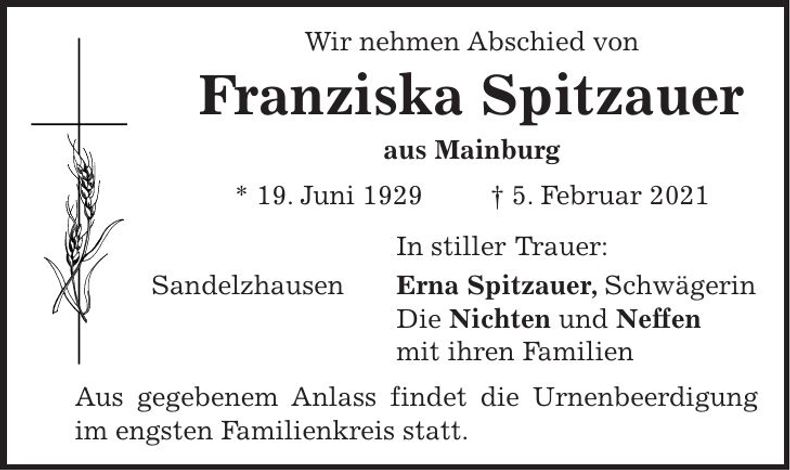 Traueranzeige Franziska Spitzauer