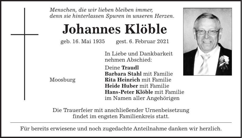 Traueranzeige Johannes Klöble