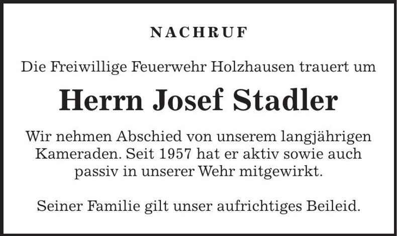 Traueranzeige Josef Stadler