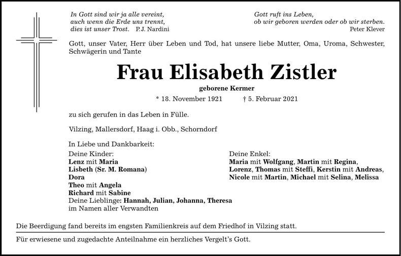 Traueranzeige Elisabeth Zistler