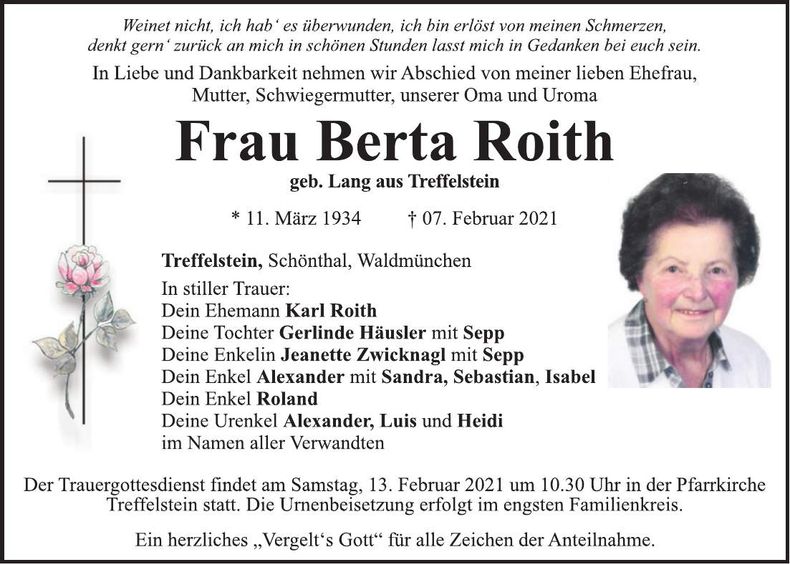 Traueranzeige Berta Roith