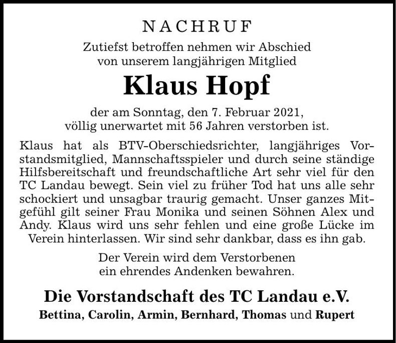 Traueranzeige Klaus Hopf