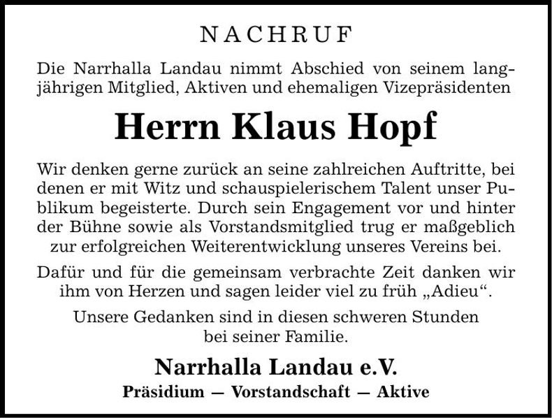Traueranzeige Klaus Hopf
