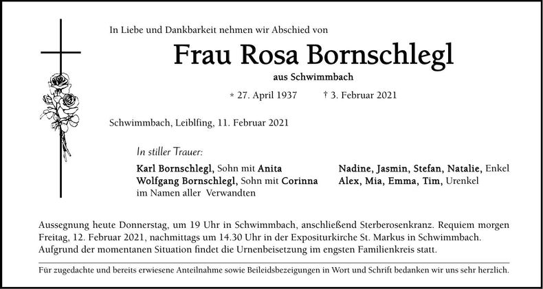 Traueranzeige Rosa Bornschlegl