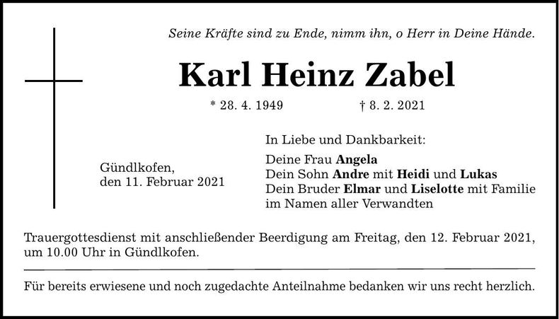Traueranzeige Karl-Heinz Zabel
