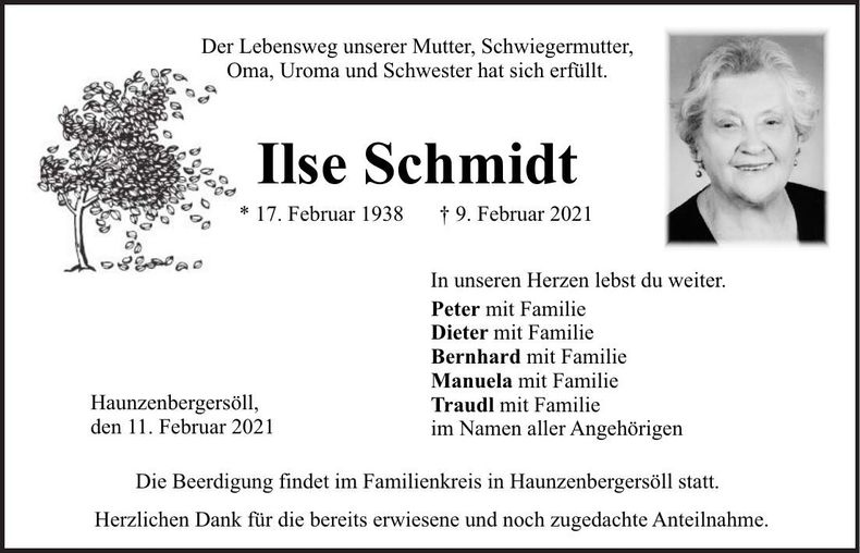 Traueranzeige Ilse Schmidt