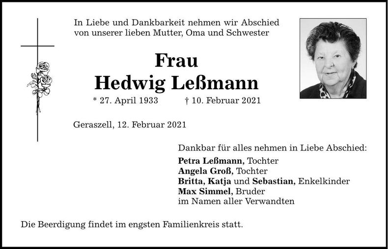 Traueranzeige Hedwig Leßmann
