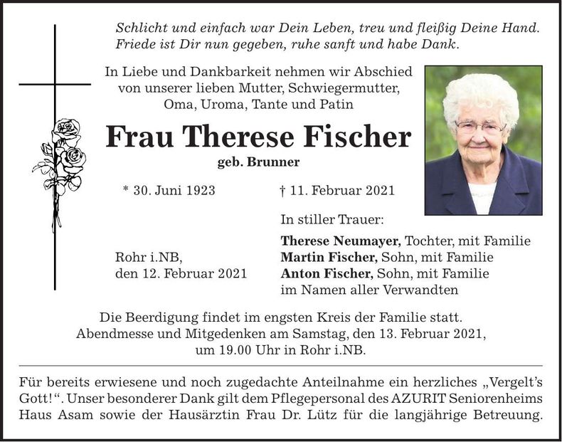 Traueranzeige Therese Fischer