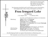 Traueranzeige Irmgard Lohr