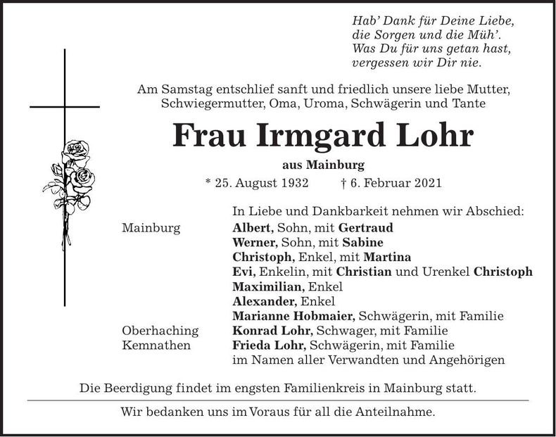 Traueranzeige Irmgard Lohr