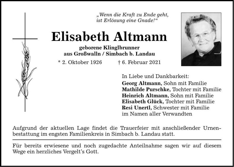 Traueranzeige Elisabeth Altmann