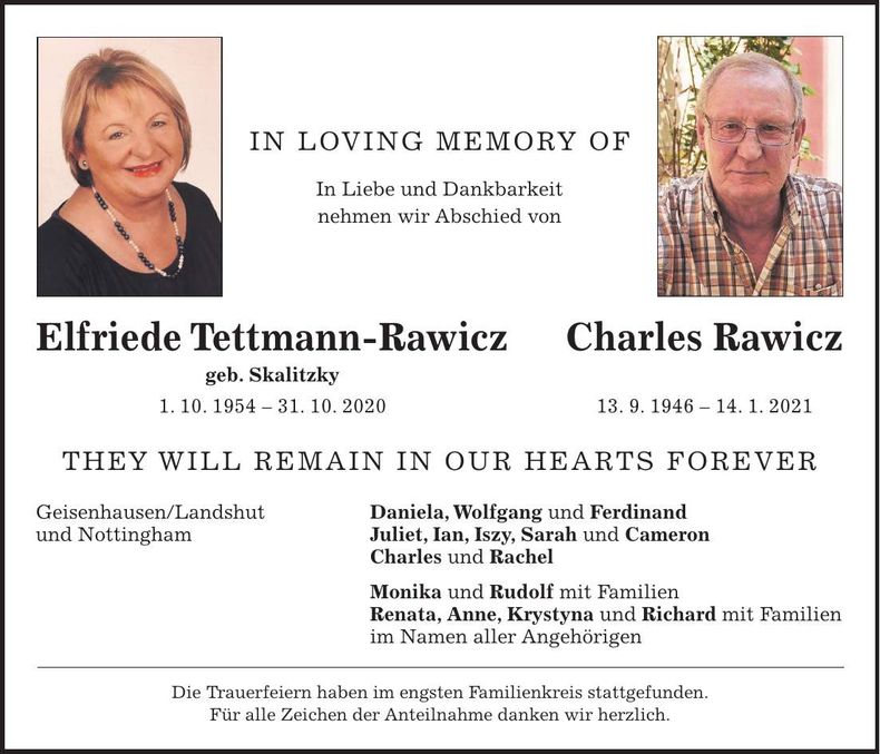 Traueranzeige Elfriede, Charles Tettmann-Rawicz, Rawicz
