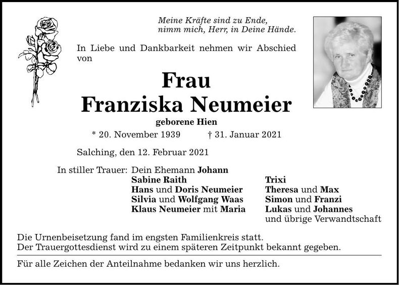 Traueranzeige Franziska Neumeier