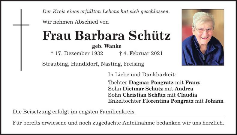 Traueranzeige Barbara Schütz