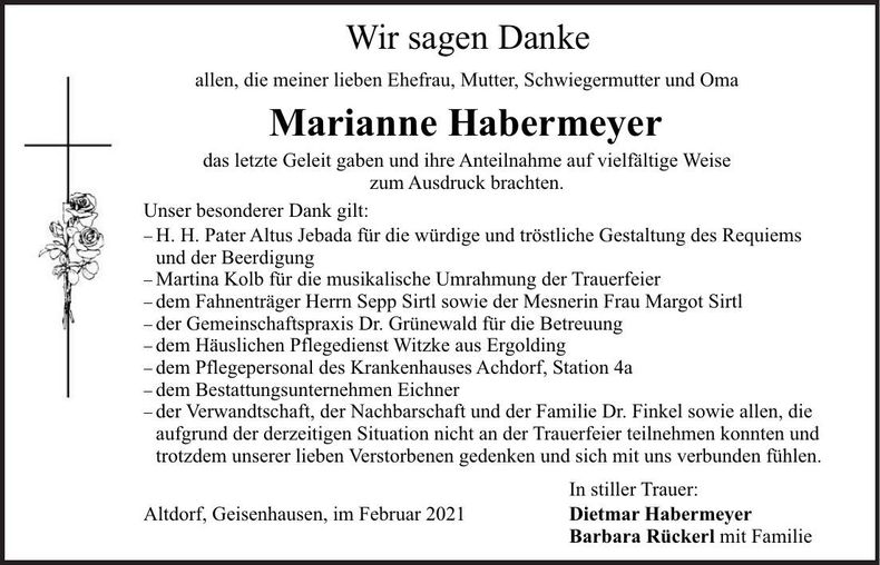 Traueranzeige Marianne Habermeyer