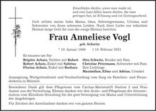Traueranzeige Anneliese Vogl