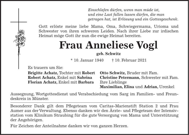 Traueranzeige Anneliese Vogl
