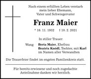 Traueranzeige Franz Maier