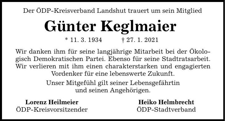 Traueranzeige Günter Keglmaier