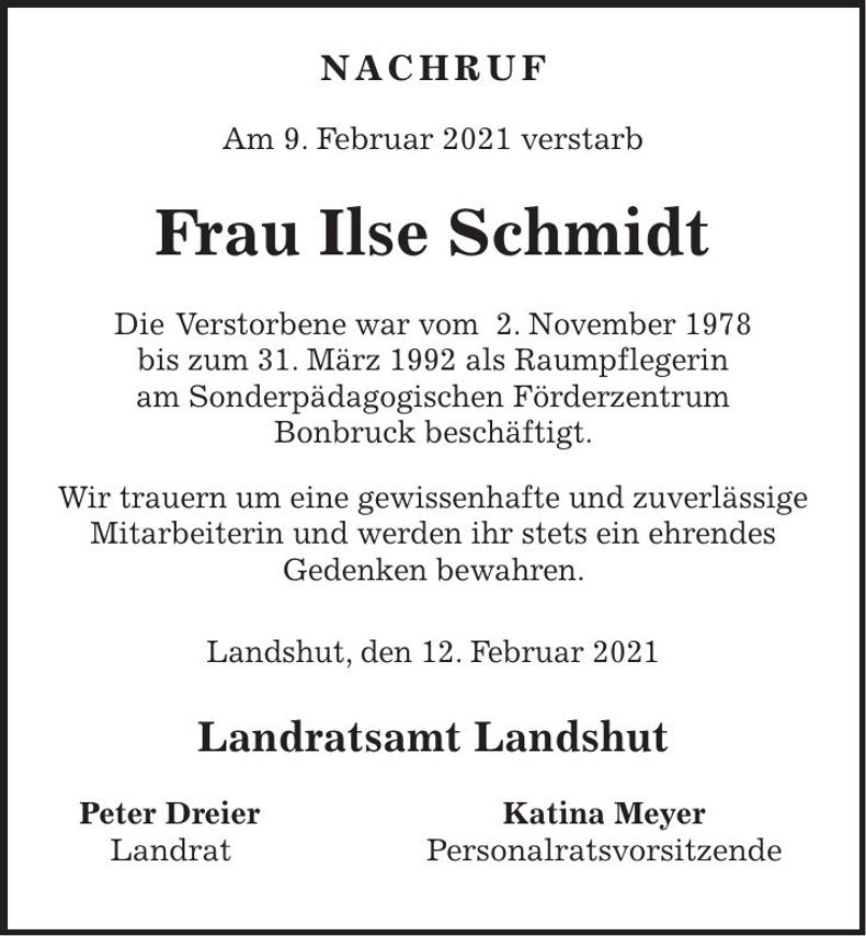 Traueranzeige Ilse Schmidt