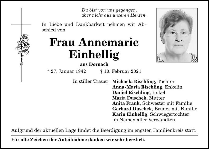 Traueranzeige Annemarie Einhellig