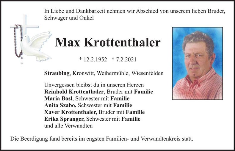 Traueranzeige Max Krottenthaler