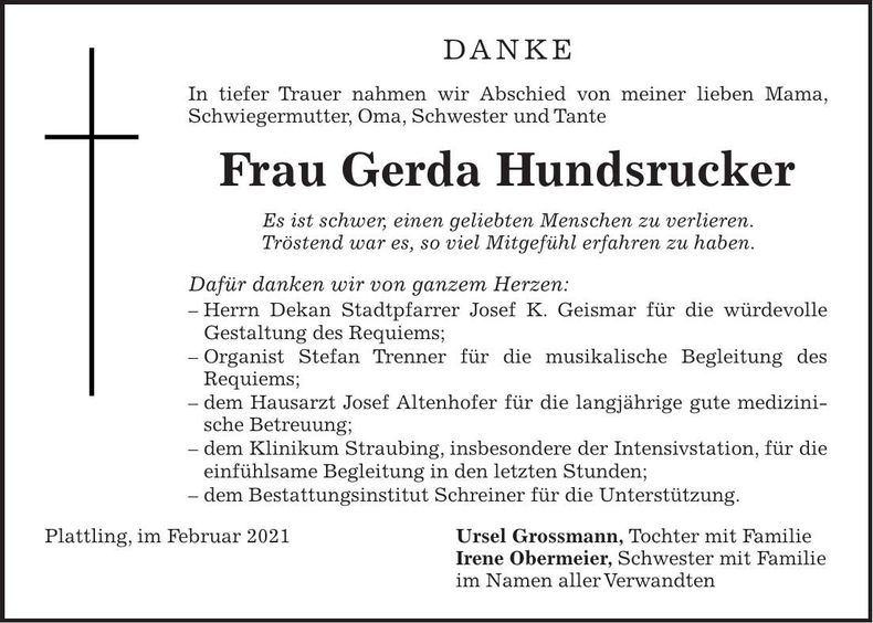Traueranzeige Gerda Hundsrucker