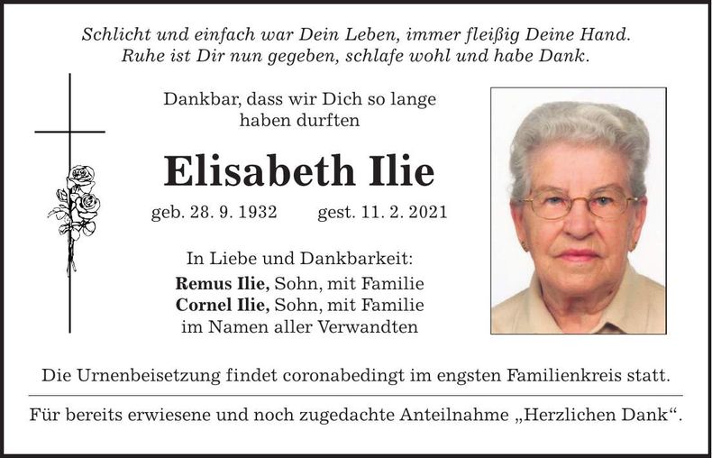Traueranzeige Elisabeth Ilie