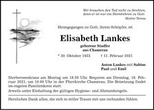 Traueranzeige Elisabeth Lankes